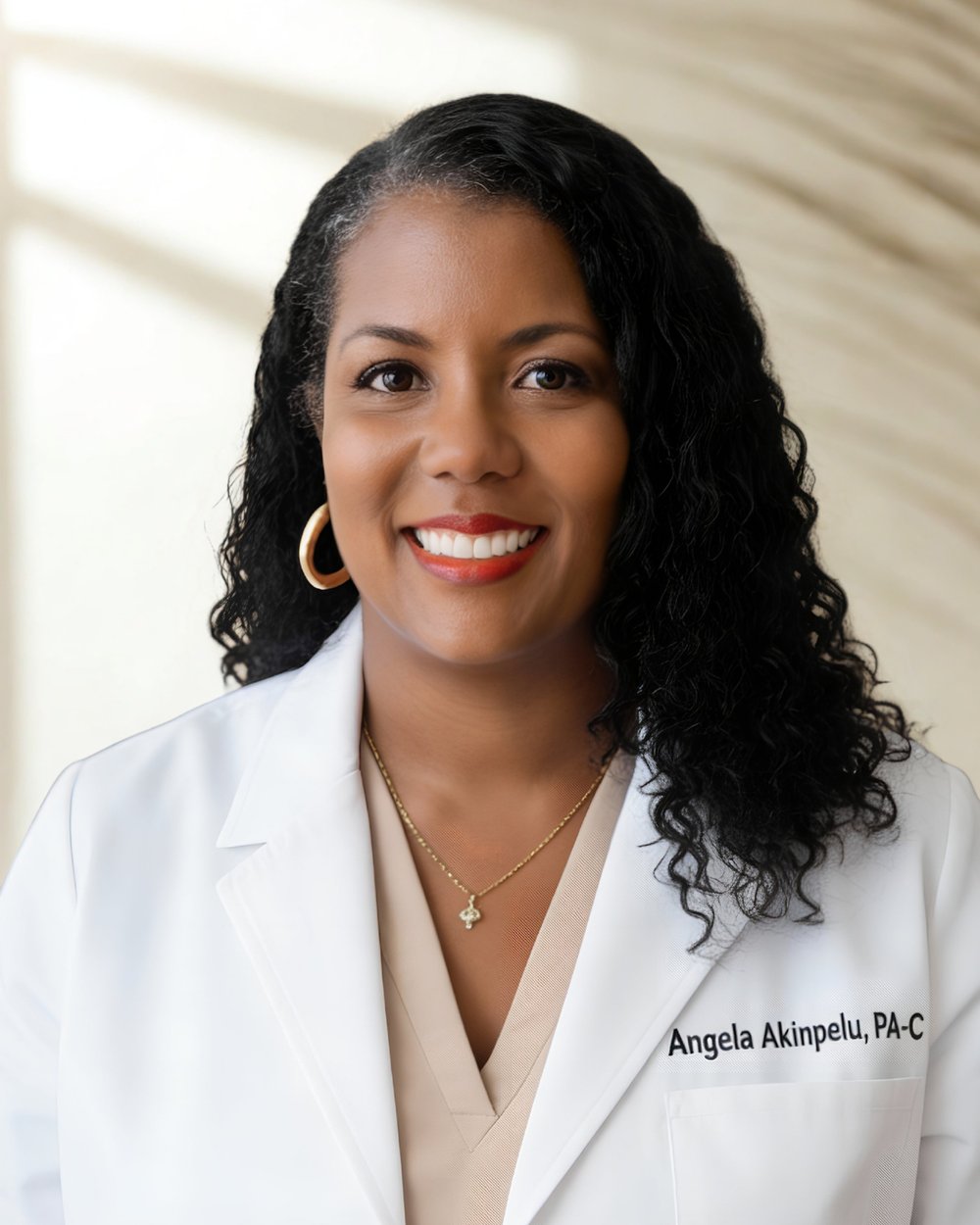 Angela Akinpelu, PA-C, smiling, in a white coat